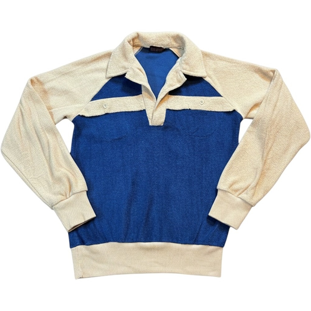Kingsport Vintage Terry Cloth Pullover Shirt Blue Tan Kids Size M 12-14 Retro